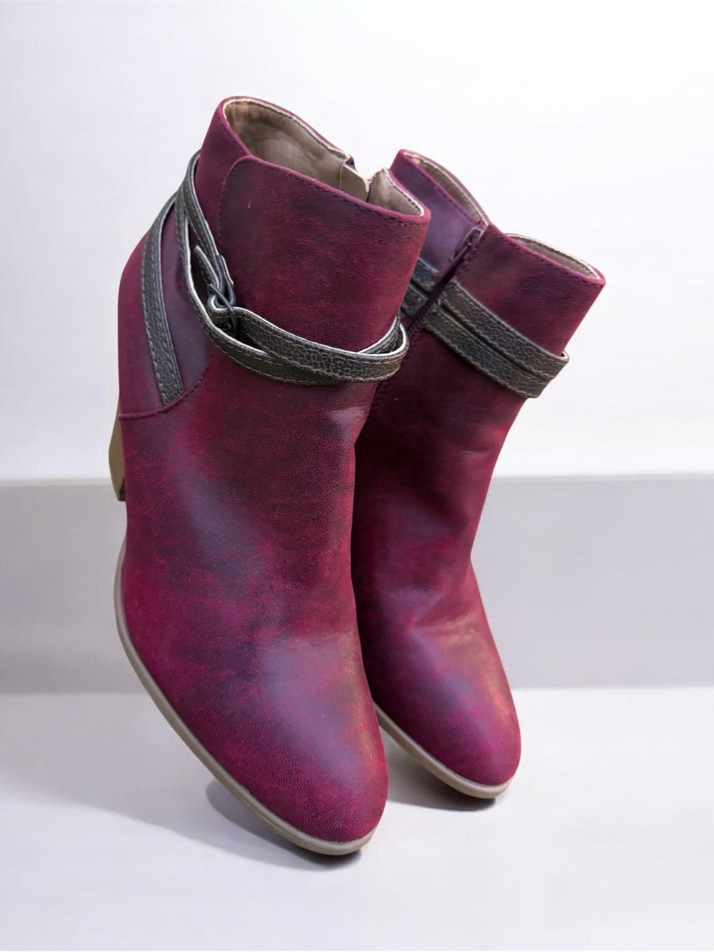 Women's Burgundy Ankle Boots with Decorative Strap